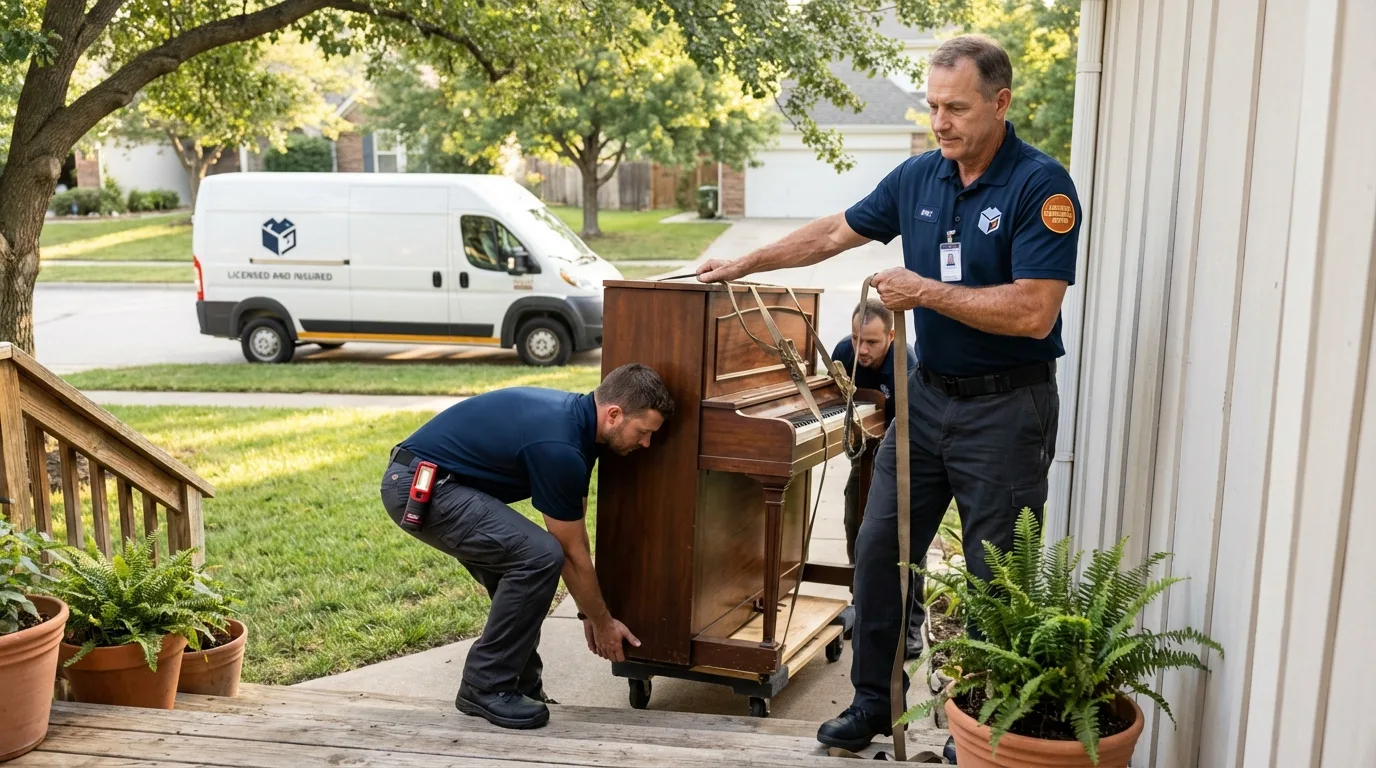 Licensed piano movers securing grand piano in Salome, AZ