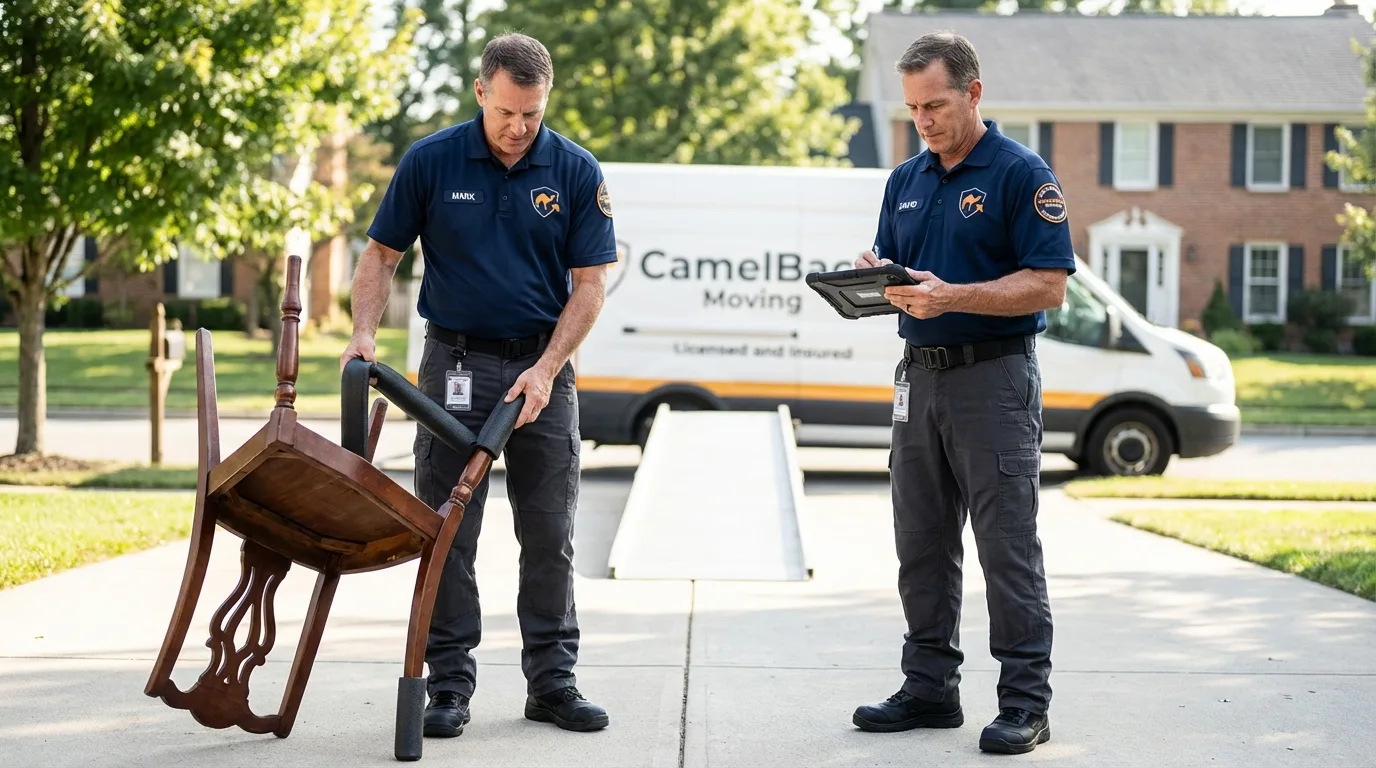 Movers inspecting furniture for damage prevention before loading in Salome, AZ